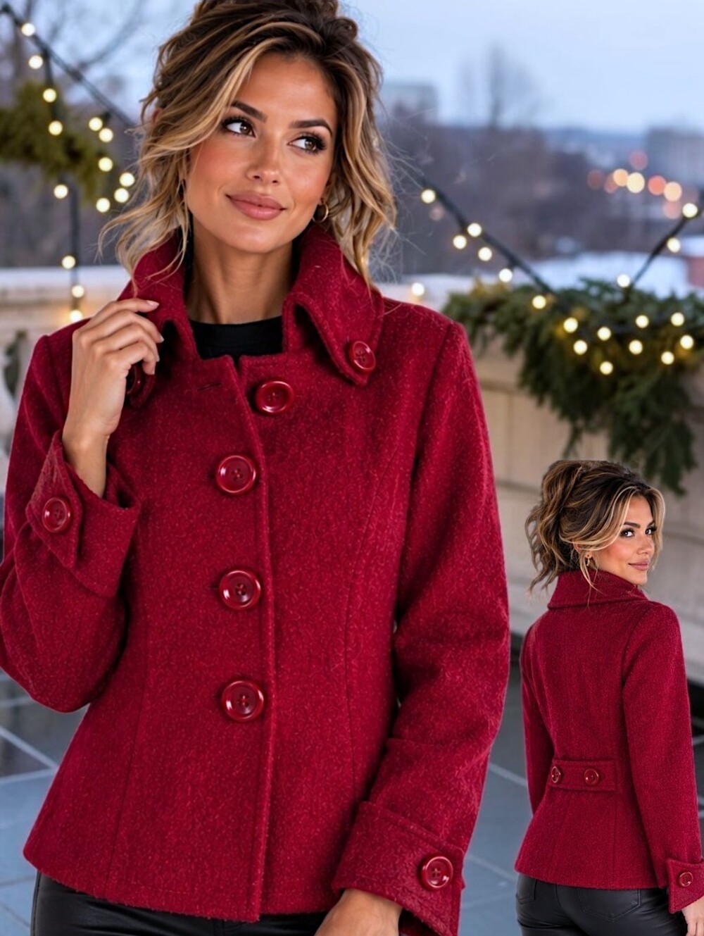Classic 100% Wool Jacket Red S Fitted Short Minimalist Academia Coat Old Money